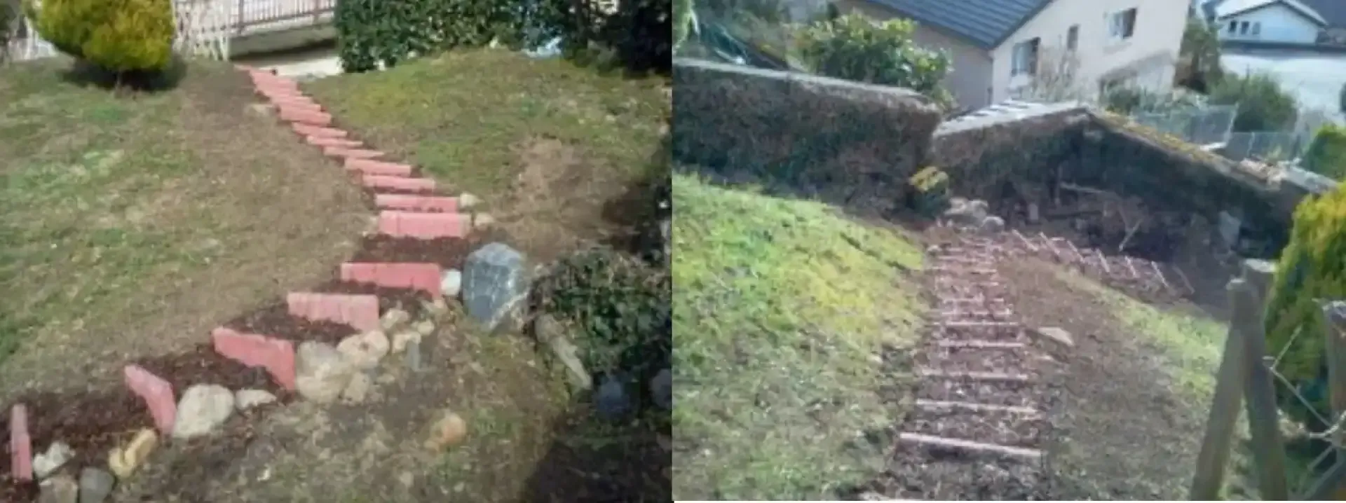 Comparatif avant et après de marches installées dans un jardin en pente