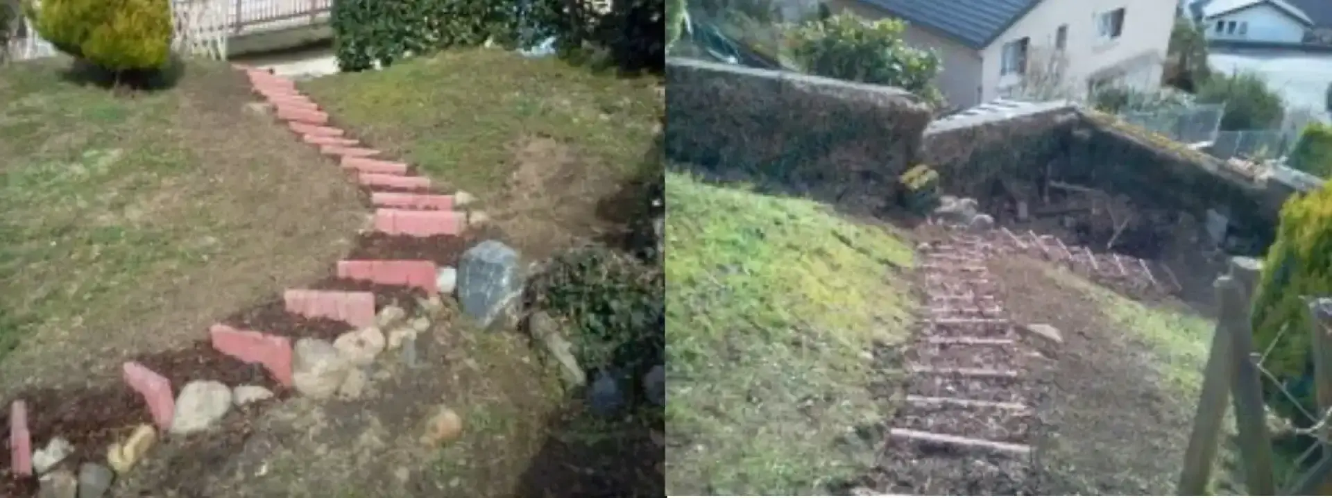 Comparatif avant et après de marches installées dans un jardin en pente