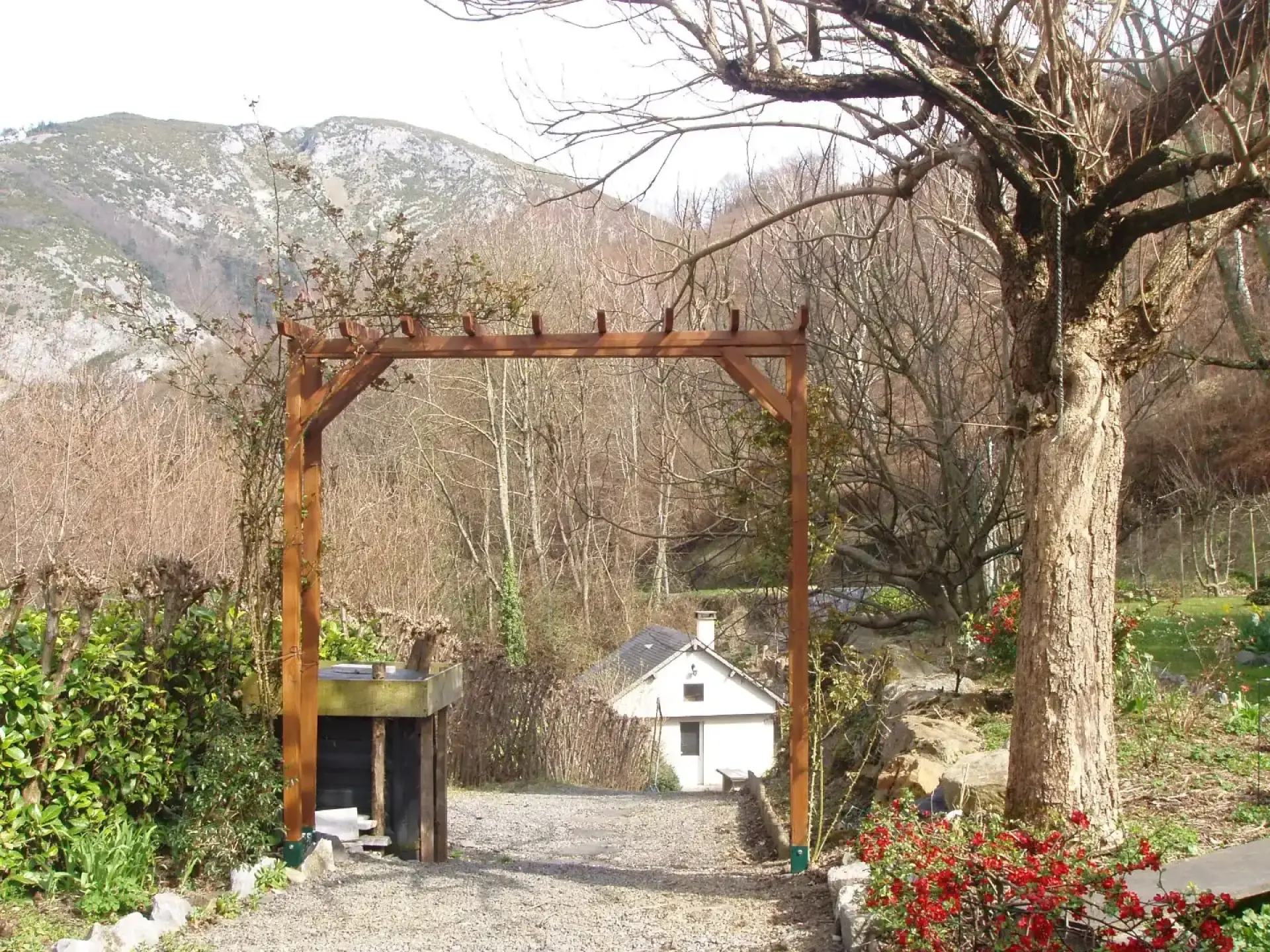 Pergola en bois au-dessus d’un chemin gravillonné dans un jardin arboré
